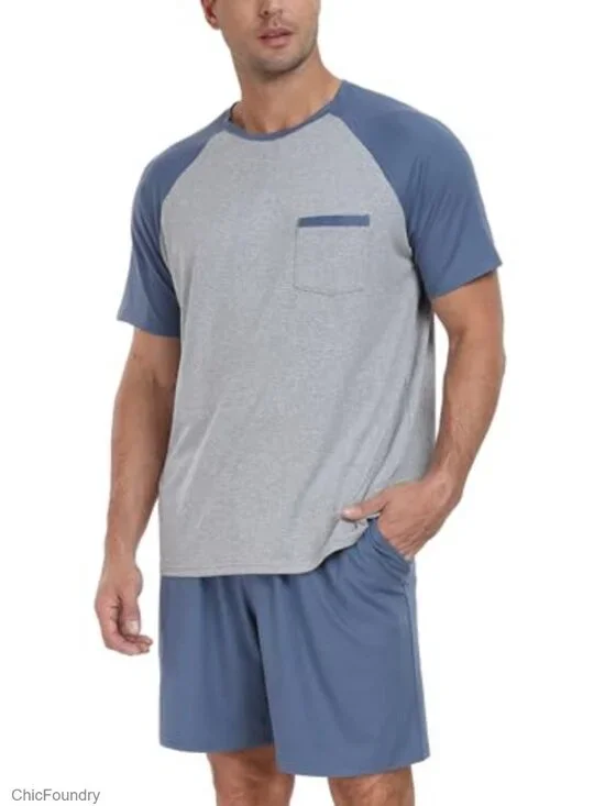 Men's Short Sleeve Pajama Set with Pockets Lightweight Quick Dry Sleepwear