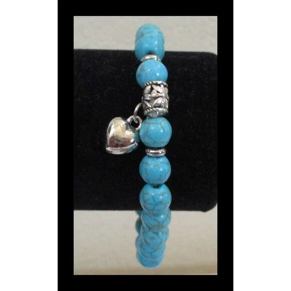 Turquoise Colored Beaded Stretch Bracelet with Heart Dangle BR-09
