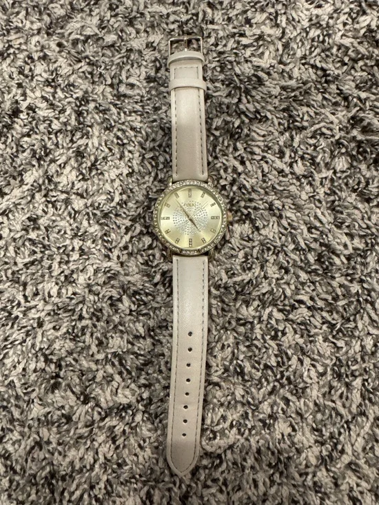 Crystal Accent Round Face Watch with Ivory Strap