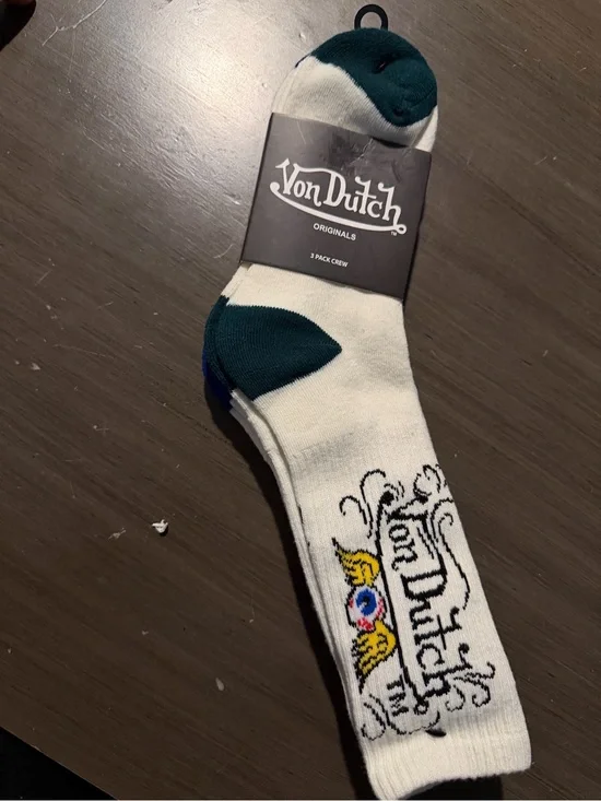 Von Dutch White Crew Socks with Dark Green Accents