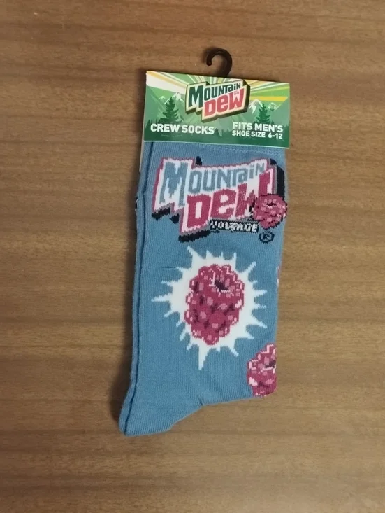 Mountain Dew Men's Crew Socks - Blue with Pink Raspberry Design