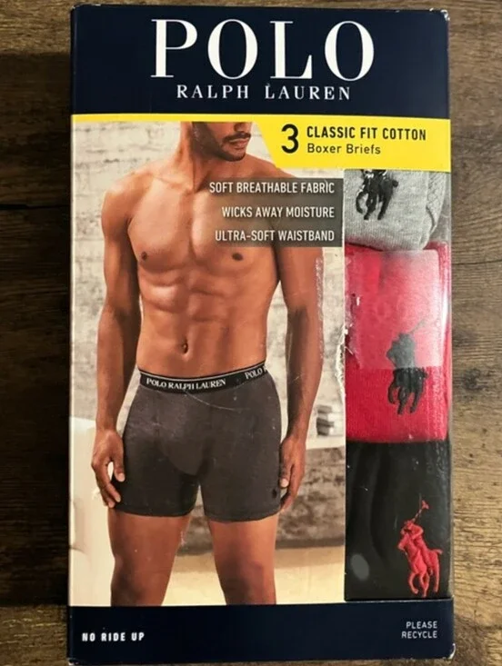 Polo Ralph Lauren Men’s 3-Pack Boxer Briefs L Gray, Red, Black 100% Cotton NEW