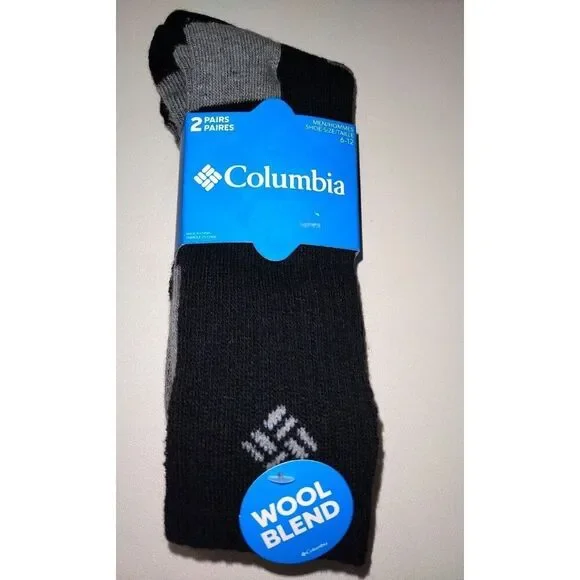 Columbia Socks Men’s 2 Pairs Black & Gray Wool Blend Crew Socks Casual New