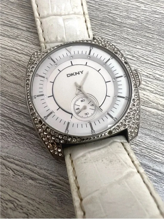 DKNY Silver-Tone Crystal Bezel Watch with White Dial and Strap