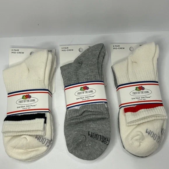 Fruit of the Loom Mens 6 Pair Mid-Crew Socks Varsity Stripe Grey White FRM90001M