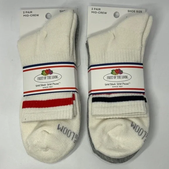 Fruit of the Loom 4 Pair Mid-Crew Varsity Stripe Socks White Grey Shoe Size 6-12