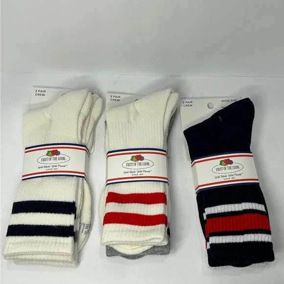 Fruit of the Loom Varsity Stripe Crew Socks 6 Pair Pack White Navy Red Grey 6-12