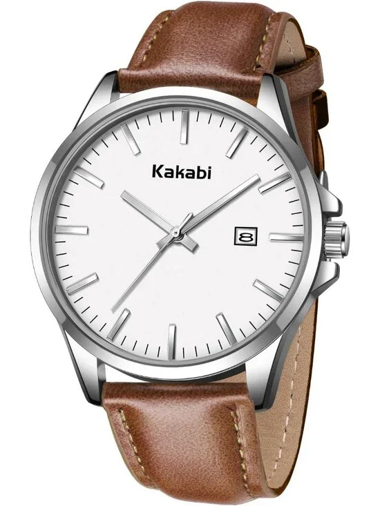 Men's Brown White Minimalist Fashion Leather Strap Classic Analog Quartz Watch
