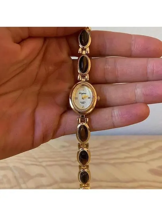 Y2k style Dainty cute Gold style tone quartz watch with brown jade stone opal