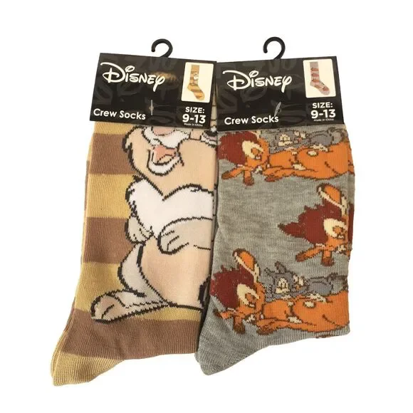 Disney Bambi Thumper Socks Cartoon 2 Pair Adult Men Crew Size 6-12 NWT