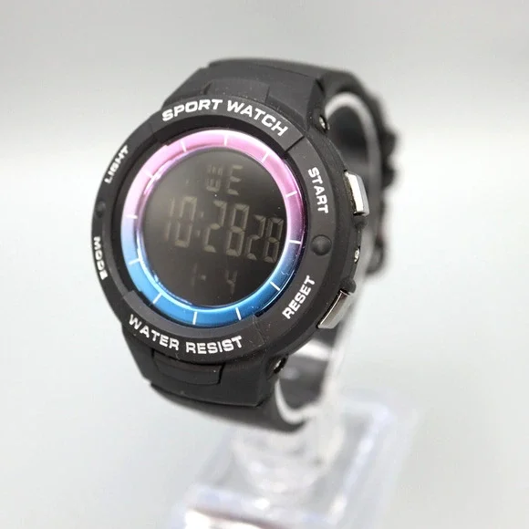 Black Digital Sport Watch 42mm Pink Blue WR 100FT Backlight w New Battery