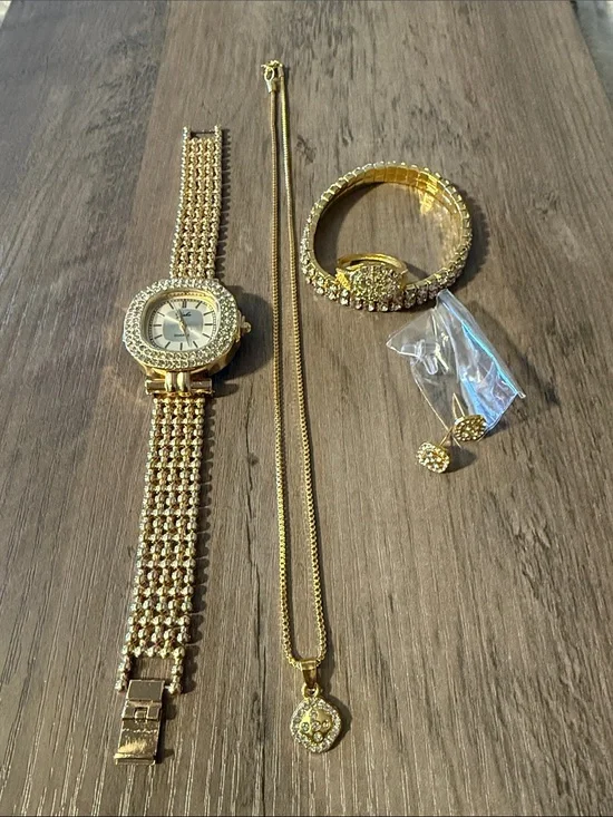 Gold Tone Crystal Women's Jewelry Set - Watch, Necklace, Bracelet, Earrings