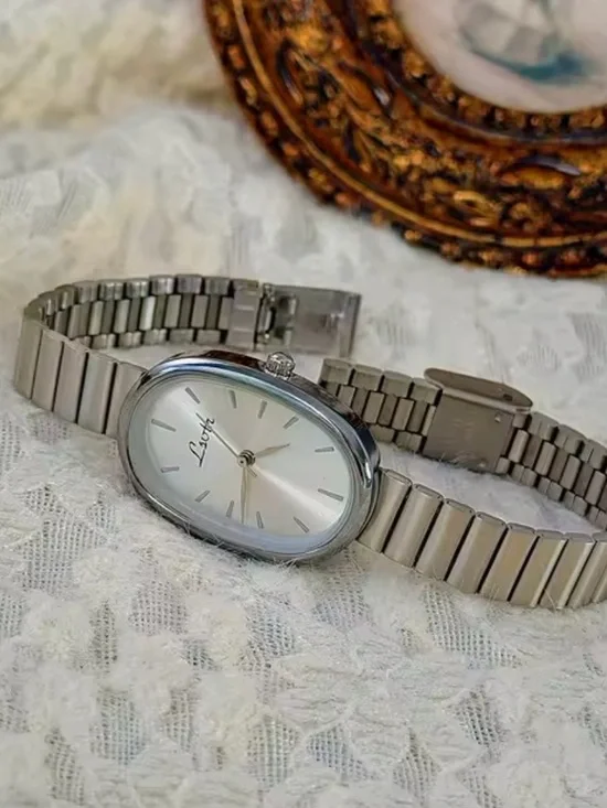 Silver Oval Stainless Steel Wrist Watch