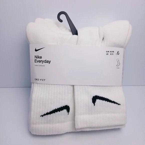 Nike Everyday Cotton Cushioned Dri- FIT Crew Socks 6 Pair White Black  Size 9-12