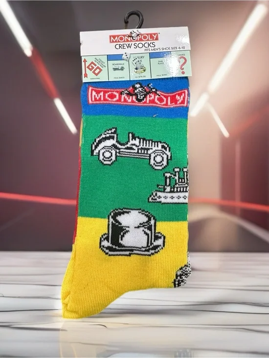 Monopoly Crew Socks - Green & Yellow Game Piece Design