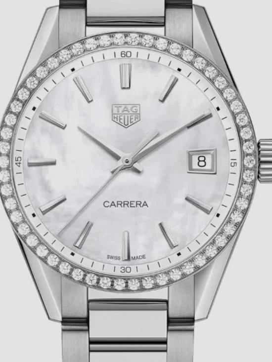 Tag Heuer Silver and White Diamond-Bezel Carrera Watch