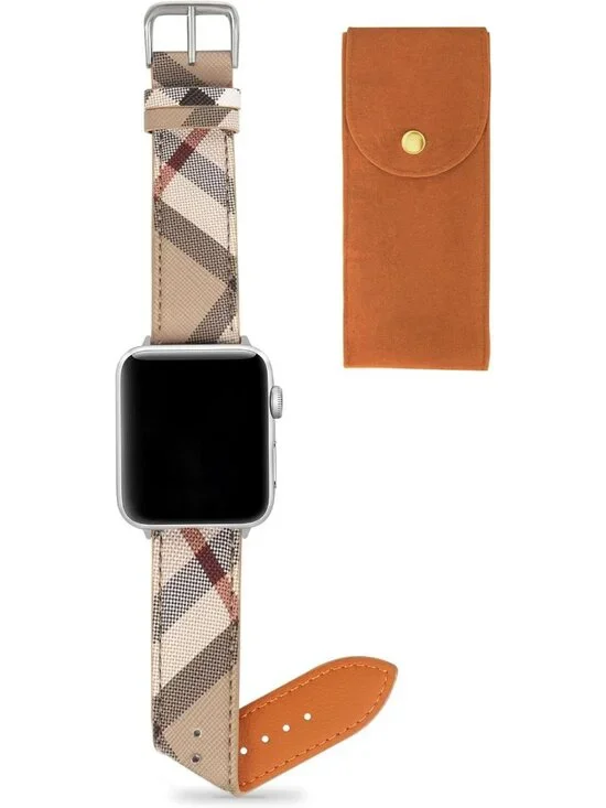 Luxury Leather Watch Band for Women - Classic Beige Plaid, Fits Apple Watch