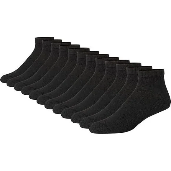 12-Pair Hanes Men's Double Tough Socks Size 6-12 Black White Ankle Moisturizing