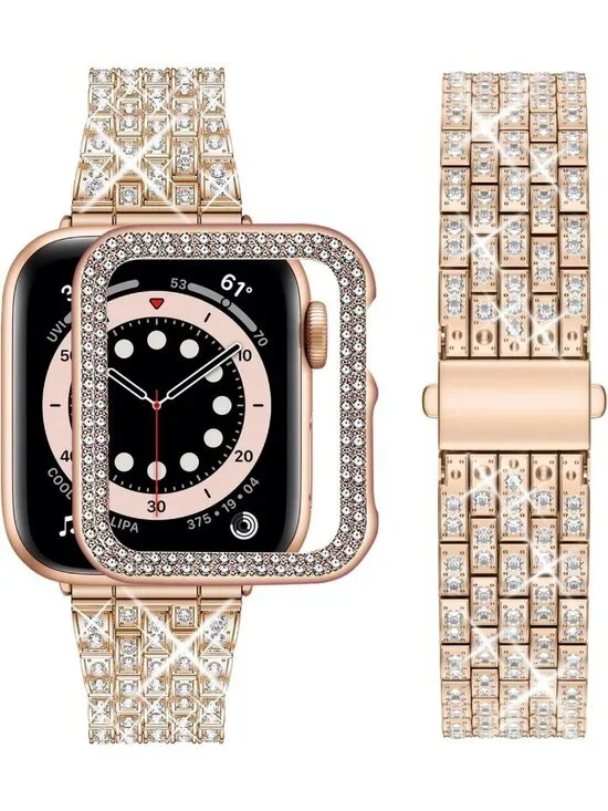 Sparkly Diamond Bling Case & Metal Strap for Apple Watch 42mm - Rose Gold