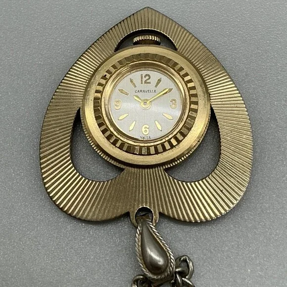 Vintage Caravelle Pendant Necklace Watch Womens 37mm Heart Gold Tone Manual Wind