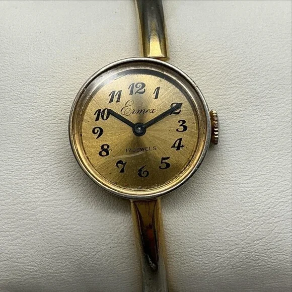 Vintage Ermex Womens Watch 22mm Champagne Dial Two Tone Bangle 17 Jewels Manual