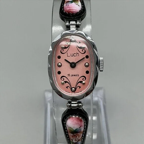 Vintage Luch Womens Watch 17mm Pink Dial Floral Enamel 15 Jewels Manual 6.75
