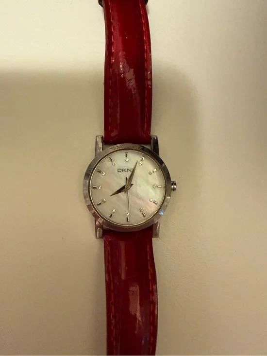 DKNY White Dial Ladies Watch with Red Leather Strap Needs Battery