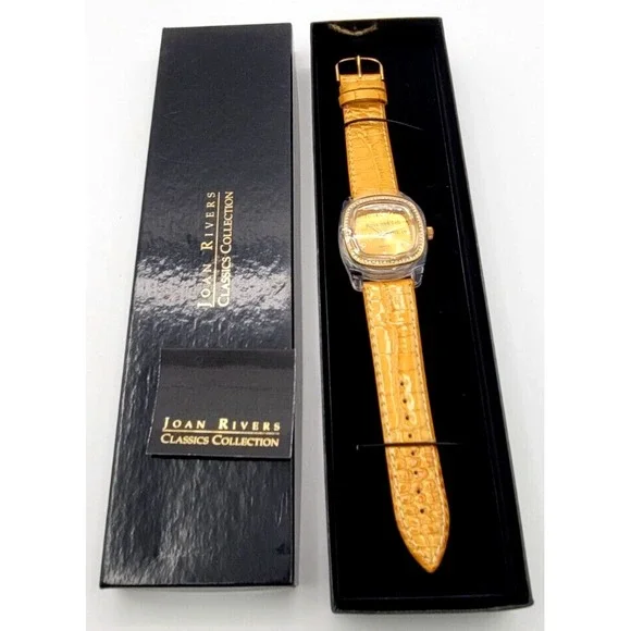 NEW Joan Rivers Classics Yellow Rhinestone Bezel Watch Black Box Leather‎ Strap