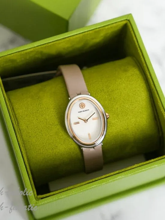 Tory Burch The Oval Gray Leather Strap 22mm Two-Tone Women's Watch TBW6031 NWT