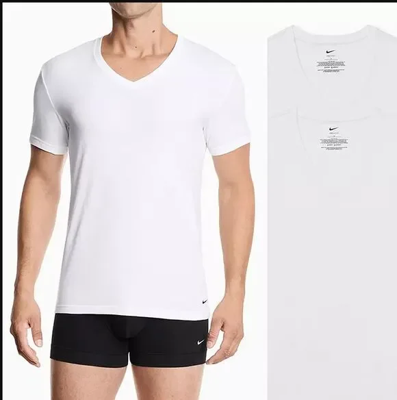 Nike Dri-FIT Essential Cotton Stretch V-Neck Undershirts 2-Pack White NWT Size S