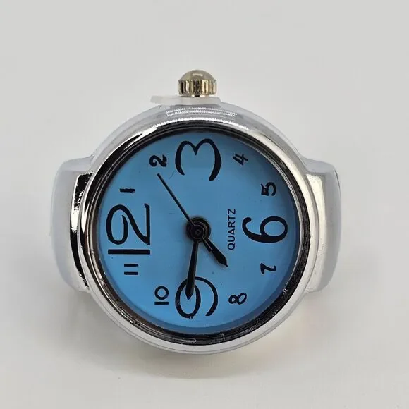 Blue‎ Dial Ring Watch Women Analog Quartz Watch Stretch Band Finger Watch