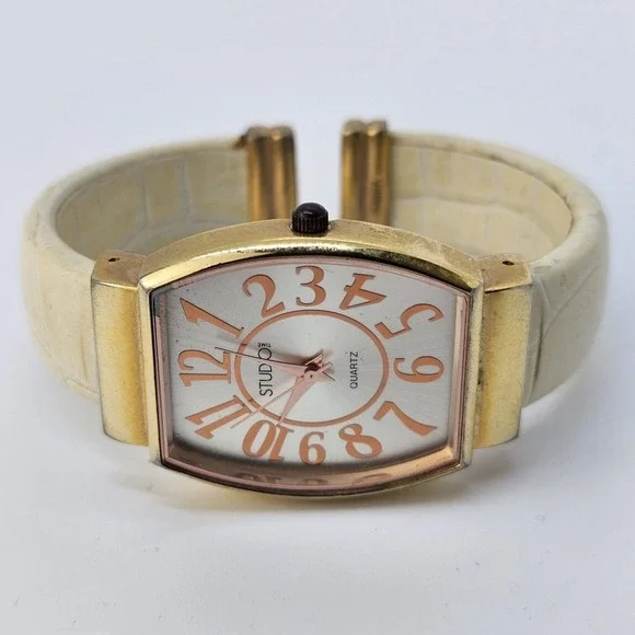 Studio Women's‎ Cuff Bracelet Watch Gray Dial Cream Gold Band 5.5