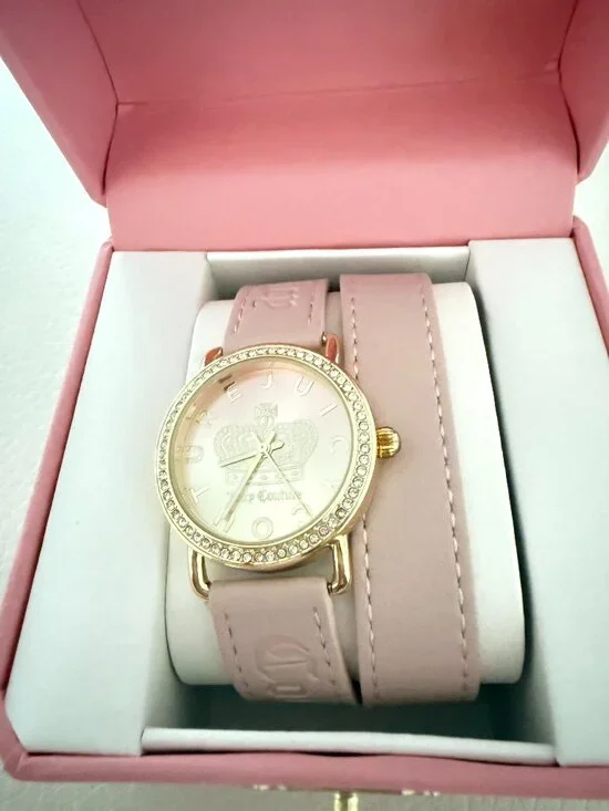 NIB JUICY COUTURE PINK WRAP LEATHER STRAP WATCH RHINESTONE BEZEL CROWN DIAL
