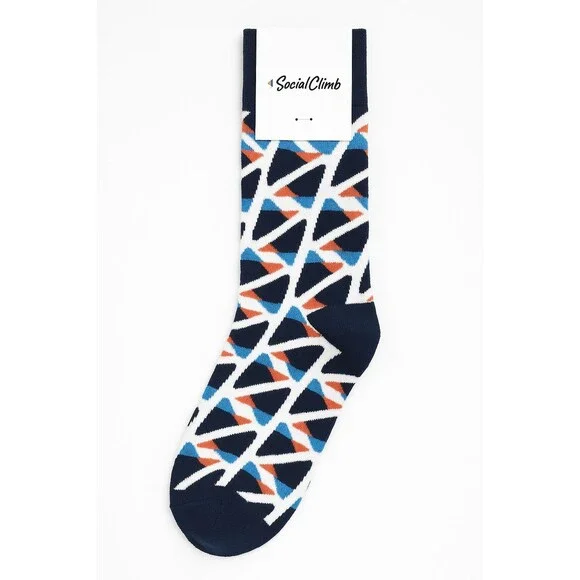 Social Climb Crew Socks Made in USA Blue White Orange Geometric Pattern NWT