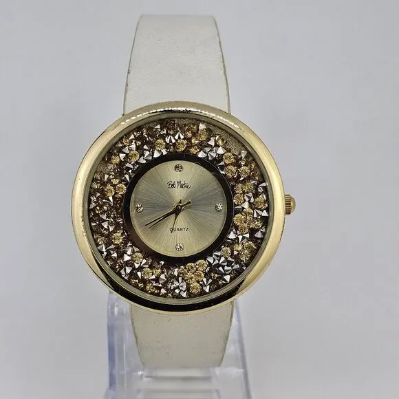Bob Mackie Women's Watch 40MM Gold Dial White Leather Bands‎ New Battery