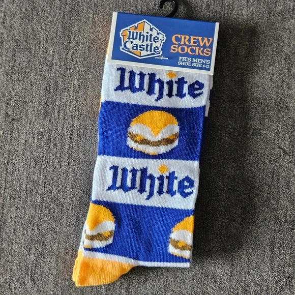 White Castle Mens Crew Socks Blue White Burger Logo‎ Novelty Size 6-12 NEW