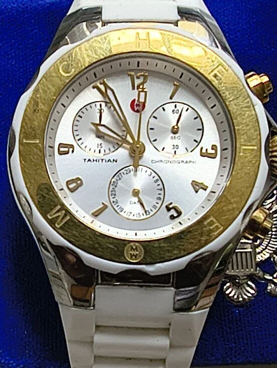 MICHELE Tahitian Jelly Bean Chronograph Watch — Two-Tone Gold & Steel, White Sil