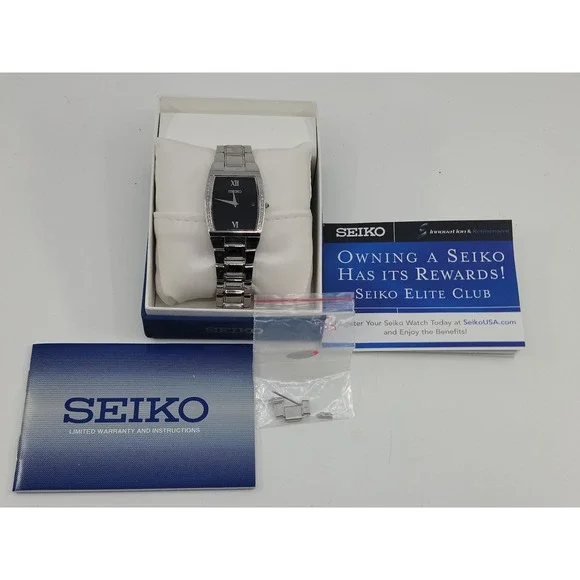 Seiko‎ Diamond Watch Women 19mm Silver Tone Black Dial Box Papers Needs Battery