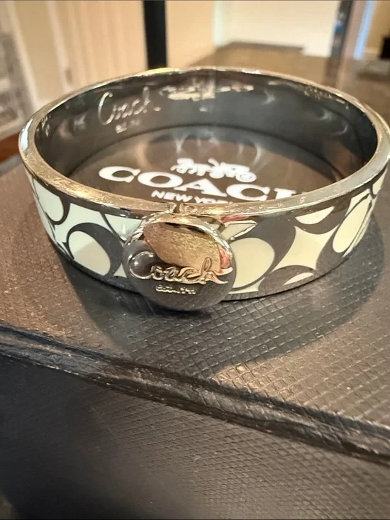 Coach Quilted Enamel Bangle Bracelet in Cream & Black With Box and Bag