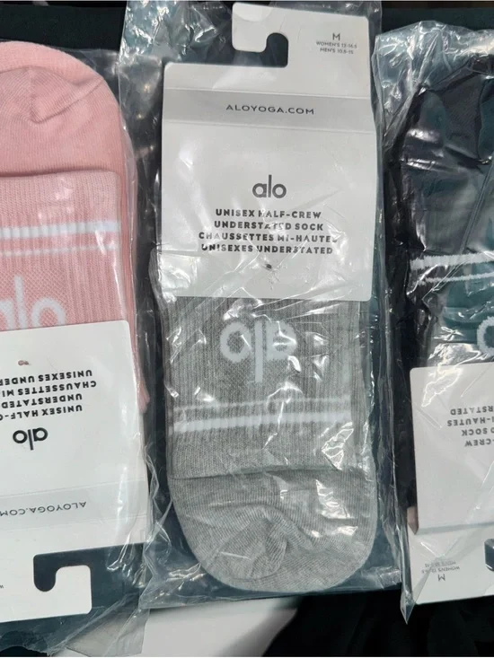 Alo Yoga Unisex Half Crew Socks 3 Pair Bundle Black Gray Pink Size M
