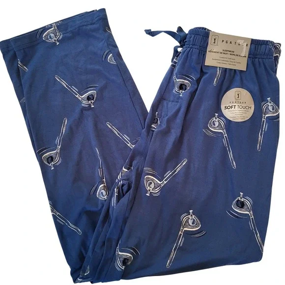 PGA TOUR Mens Golf Club Print Sleepwear Pajama Pants Blue Pockets‎ Soft Touch