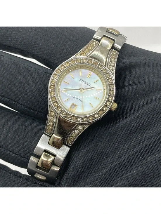 Fossil Women’s Quartz Watch Mother Of Pearl Dial Crystal Bezel Two-Tone Date