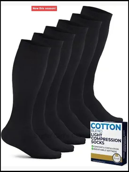 Cotton Light Compression Socks for Men & Women - 3 Pairs, 8-15 mmHg, Knee-High,