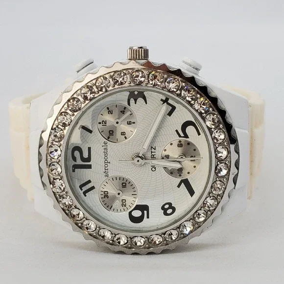 Aeropostale 36MM Women's Watch Crystal Accents Cream Plastic‎ Bands New Battery