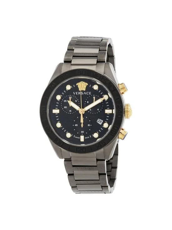 NWT Versace Greca Dome Chronograph Quartz Black Dial Men's Watch