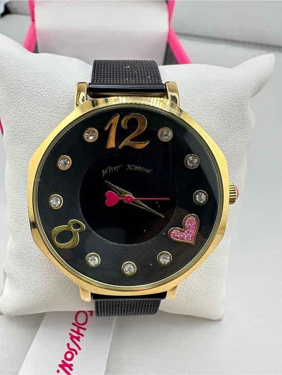 Betsey Johnson Black and Gold Tone Women's Heart Accent Watch with Pink Details