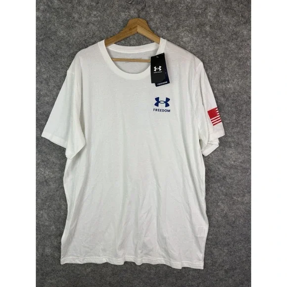 Under Armour Shirt‎ Men's 2XL White Military Logo Freedom Shortsleeve USA Flag