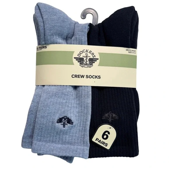 Dockers Mens Crew Socks 6 Pairs Navy Blue Beige Blue Shoe Size 6-12