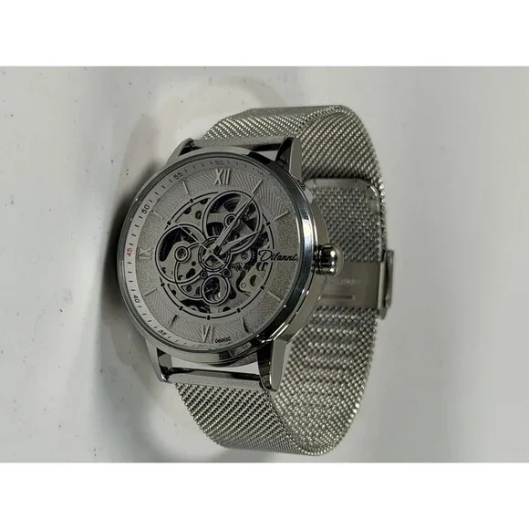 40.5mm Automatic Skeleton Mechanical Watch Silver Mesh Band Open Heart New