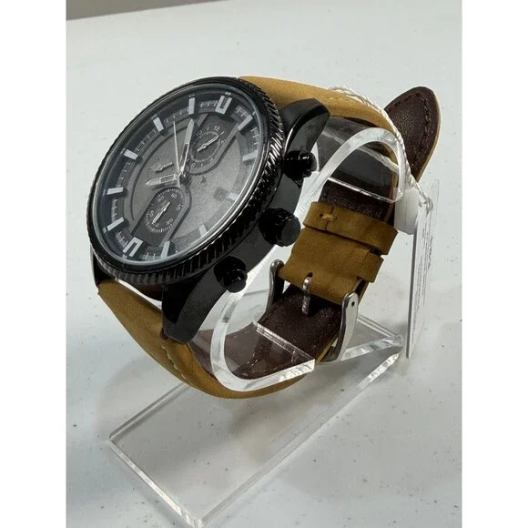 Automatic Mechanical Men’s Watch 44mm Black Case Brown Leather Strap New